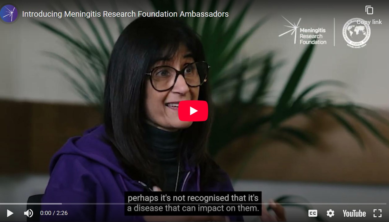 Video frame showing a woman Ambassador speaking, with the Meningitis Research Foundation logo and video title displayed.