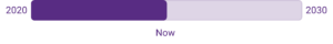 A purple horizontal bar graph labeled ‘2020’ on the left and ‘2030’ on the right, with the word ‘Now’ in the middle marking progress from the launch of the Road Map to 2030.
