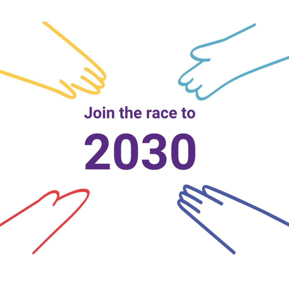 The Race to 2030 logo showing multi-coloured hands reaching towards the words 