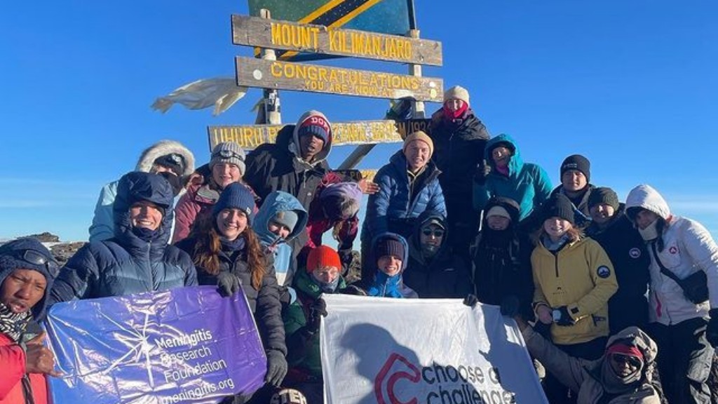 An excited student group at the summit of Mount Kilimanjaro.