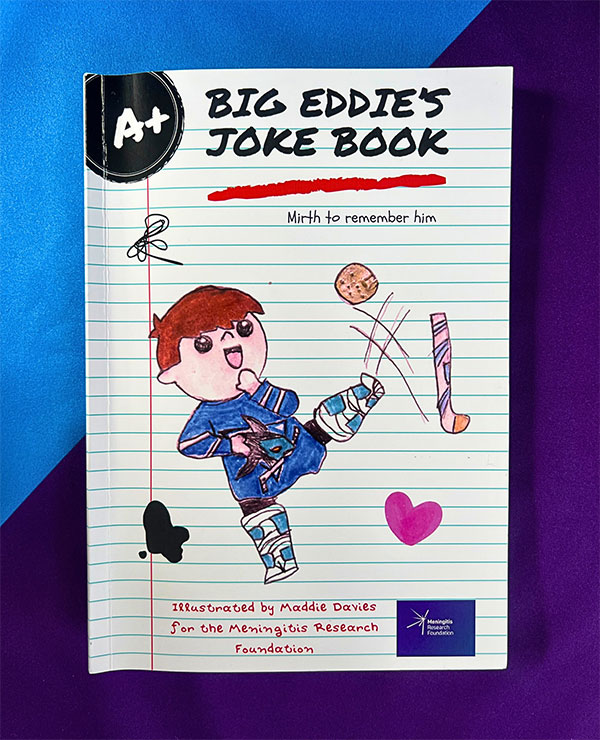 A book of jokes with a hand drawn cover of a child playing Hockey