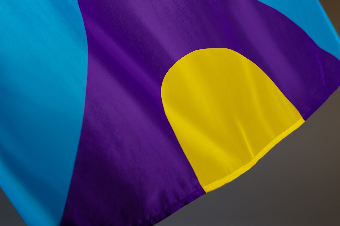 A section of the meningitis flag, showing a yellow, purple and blue geometric design.