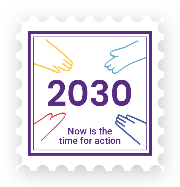 A postage stamp shape with colourful hands reaching towards 2030 in the middle and the words 