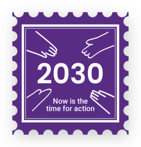Campaign logo which is shaped like a stamp and has hands reaching towards '2030' in the middle with the words 'Now is the time for action' underneath