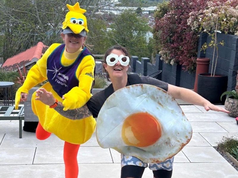 Claire Wright dressed as a chicken whilst her partner Tara is dressed as an egg