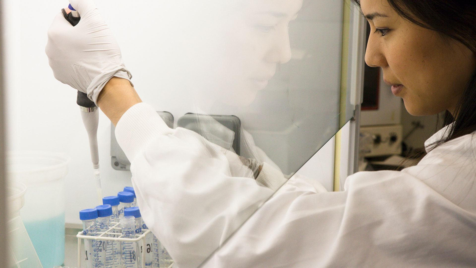 A scientist examining test tubes in a lab.