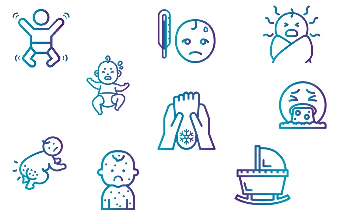 A set of icons illustrating babies' meningitis symptoms.