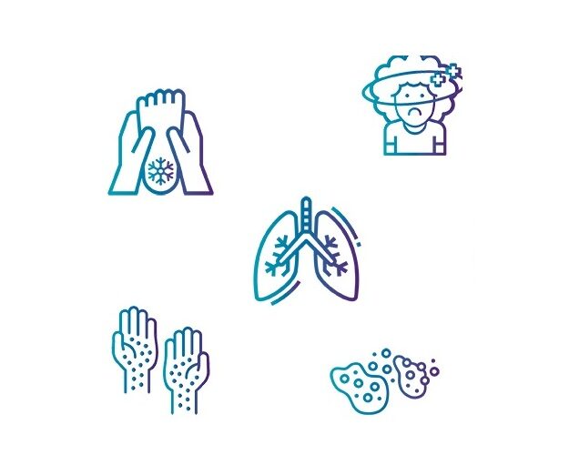 A set of icons illustrating meningitis symptoms.
