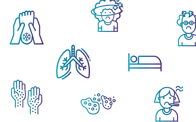 A set of icons showing meningitis symptoms.