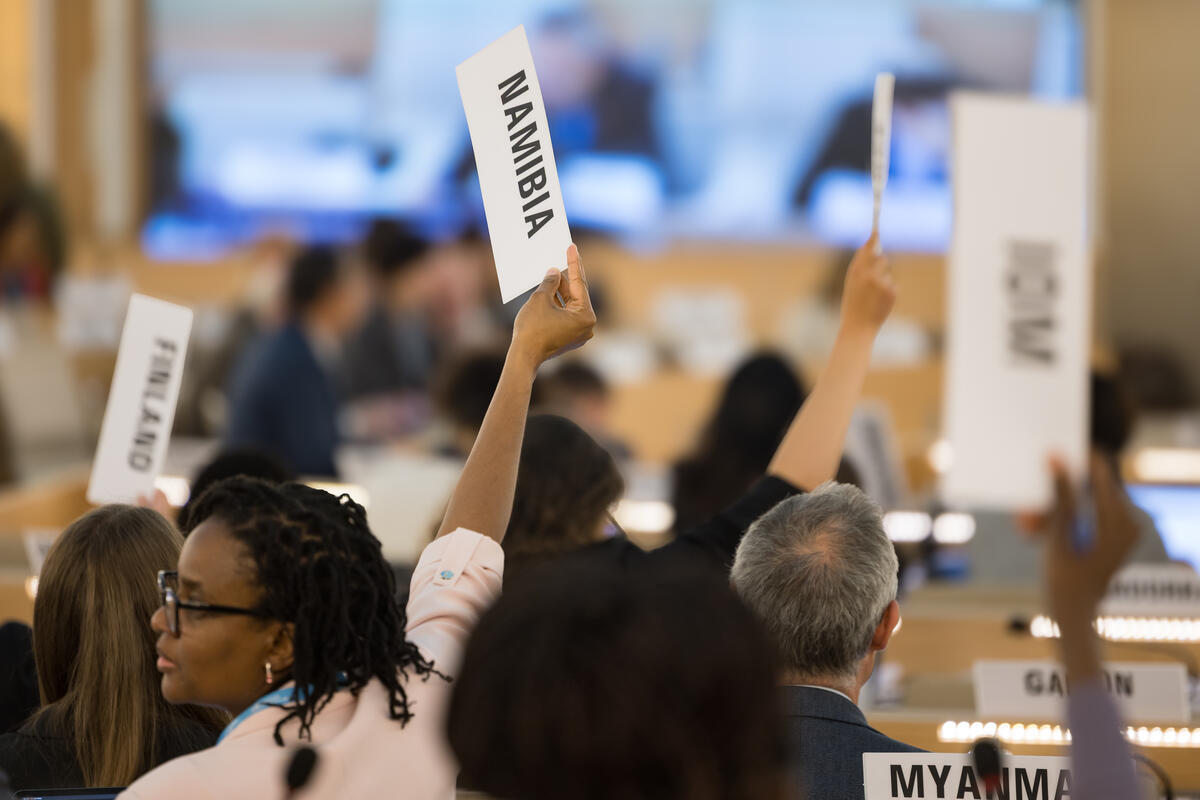 Country represetatives at the World Health Assembly with their hands raised in the air holding the names of their countries