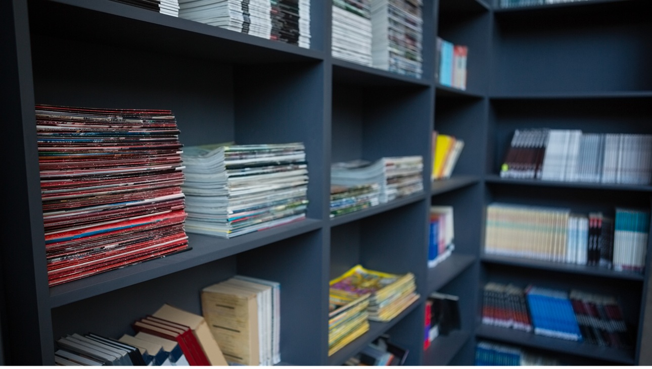 Stacks of books on shelves.