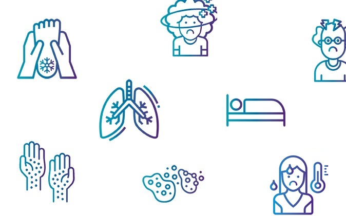 A set of icons displaying symptoms of meningitis.