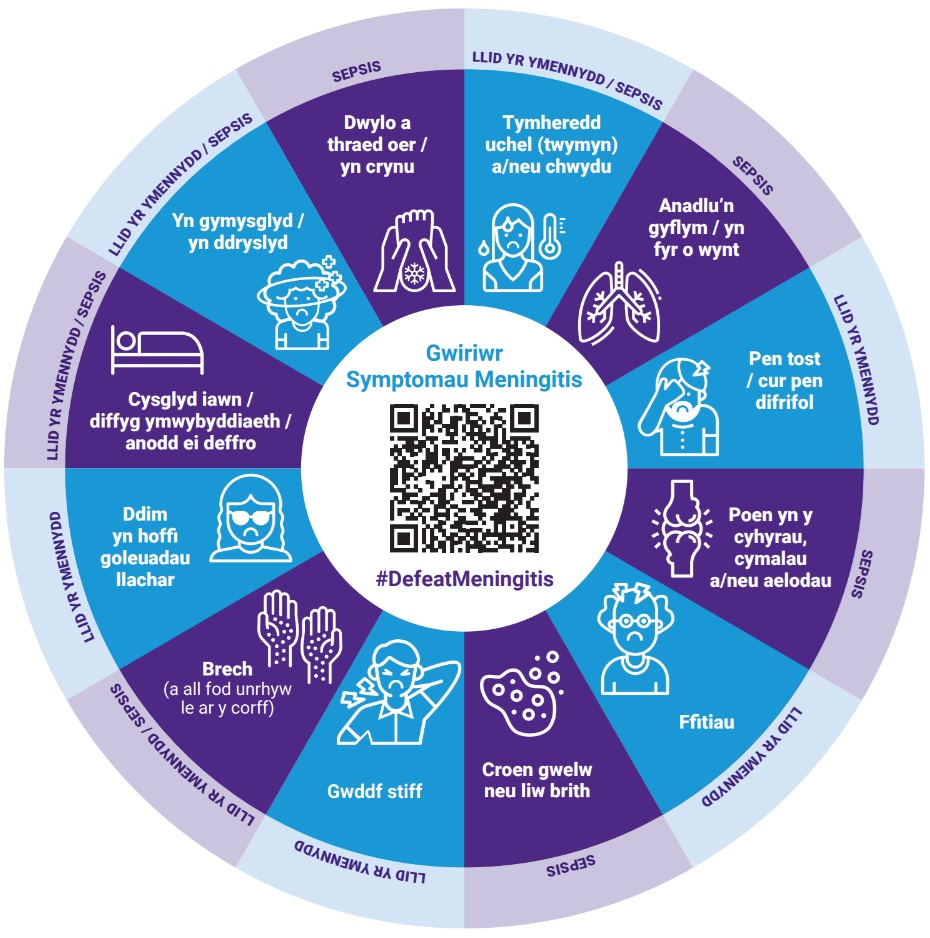 Signs and symptoms of meningitis in Welsh language.